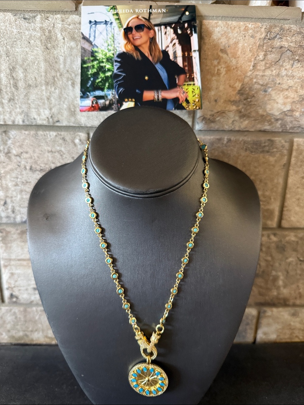 Freida Rothman Gold Necklace and Pendant with Turquoise Accents